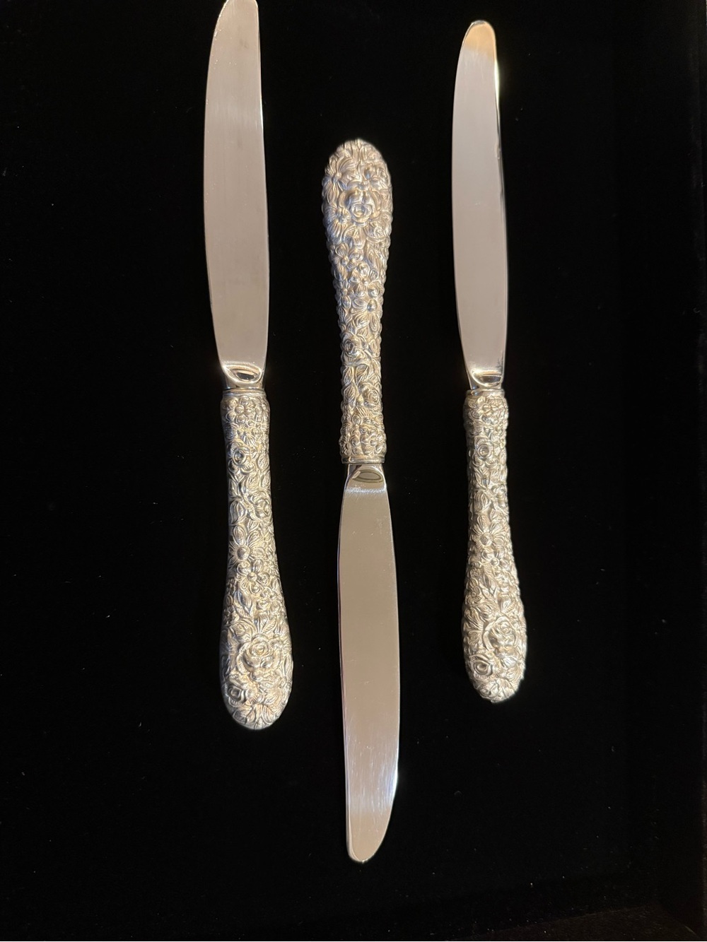 Kirk Stieff Rose 3 piece Sterling Silver Dinner Knife Set